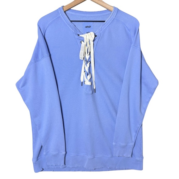 aerie Tops - Aerie Women’s Lace Up Oversized Sweatshirt Blue Distressed Trim Size Small NWT